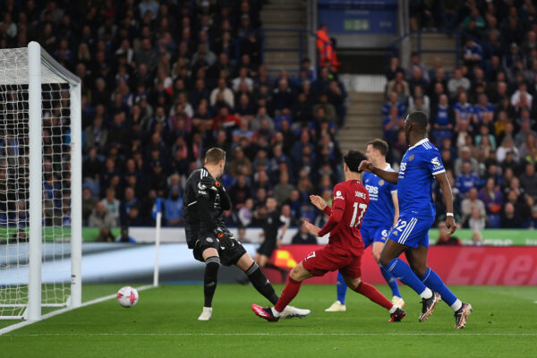 LEICESTER, ENGLAND - MAY 15: Curtis Jones of Liverpool scores the team's first goal during the Premier League match between Leicester City and Liverpool FC at The King Power Stadium on May 15, 2023 in Leicester, England. 