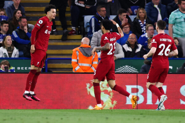 Liverpool's English midfielder Curtis Jones (L) celebrates after scoring his team second goal during the English Premier League football match between Leicester City and Liverpool at King Power Stadium in Leicester, central England on May 15, 2023. (Photo by Darren Staples / AFP) / RESTRICTED TO EDITORIAL USE. No use with unauthorized audio, video, data, fixture lists, club/league logos or 'live' services. Online in-match use limited to 120 images. An additional 40 images may be used in extra time. No video emulation. Social media in-match use limited to 120 images. An additional 40 images may be used in extra time. No use in betting publications, games or single club/league/player publications. / 