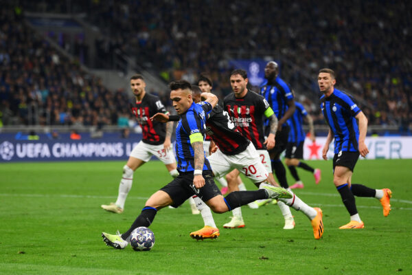 MILAN, ITALY - MAY 16: Lautaro Martinez of FC Internazionale scores the team's first goal during the UEFA Champions League semi-final second leg match between FC Internazionale and AC Milan at Stadio Giuseppe Meazza on May 16, 2023 in Milan, Italy. 