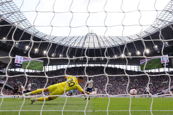 LONDON, ENGLAND - MAY 20: Bryan Mbeumo of Brentford scores the team's first goal during the Premier League match between Tottenham Hotspur and Brentford FC at Tottenham Hotspur Stadium on May 20, 2023 in London, England. 
