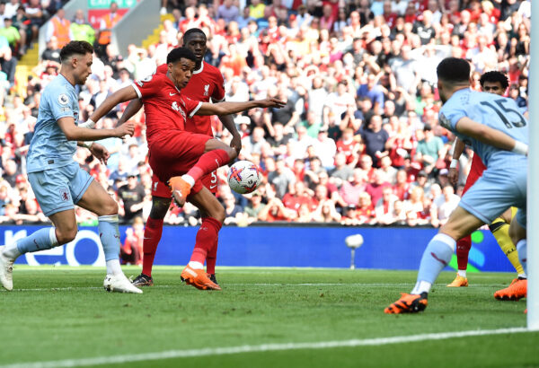 Liverpool's Dutch striker Cody Gakpo scores the equalising goal, but the goal was ruled out following a VAR review, due to an earlier offside, during the English Premier League football match between Liverpool and Aston Villa at Anfield in Liverpool, north west England on May 20, 2023. (Photo by PETER POWELL / AFP) / RESTRICTED TO EDITORIAL USE. No use with unauthorized audio, video, data, fixture lists, club/league logos or 'live' services. Online in-match use limited to 120 images. An additional 40 images may be used in extra time. No video emulation. Social media in-match use limited to 120 images. An additional 40 images may be used in extra time. No use in betting publications, games or single club/league/player publications. / "The erroneous mention[s] appearing in the metadata of this photo by PETER POWELL has been modified in AFP systems in the following manner: [Liverpool's Dutch striker Cody Gakpo scores the equalising goal, but the goal was ruled out following a VAR review, due to an earlier offside,] instead of [Liverpool's Dutch striker Cody Gakpo scores the equalising goal]. Please immediately remove the erroneous mention[s] from all your online services and delete it (them) from your servers. If you have been authorized by AFP to distribute it (them) to third parties, please ensure that the same actions are carried out by them. Failure to promptly comply with these instructions will entail liability on your part for any continued or post notification usage. Therefore we thank you very much for all your attention and prompt action. We are sorry for the inconvenience this notification may cause and remain at your disposal for any further information you may require." 