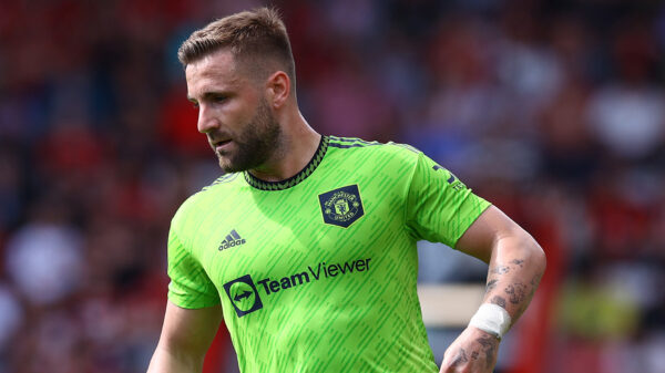 BOURNEMOUTH, ENGLAND - MAY 20: Luke Shaw of Manchester United during the Premier League match between AFC Bournemouth and Manchester United at Vitality Stadium on May 20, 2023 in Bournemouth, England. 