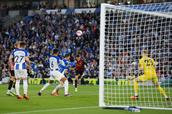 BRIGHTON, ENGLAND - MAY 24: Phil Foden of Manchester City has a headed shot during the Premier League match between Brighton & Hove Albion and Manchester City at American Express Community Stadium on May 24, 2023 in Brighton, England. 