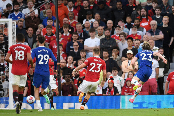Chelsea's English midfielder Conor Gallagher (R) shoots wide during the English Premier League football match between Manchester United and Chelsea at Old Trafford in Manchester, north west England, on May 25, 2023. (Photo by Oli SCARFF / AFP) / RESTRICTED TO EDITORIAL USE. No use with unauthorized audio, video, data, fixture lists, club/league logos or 'live' services. Online in-match use limited to 120 images. An additional 40 images may be used in extra time. No video emulation. Social media in-match use limited to 120 images. An additional 40 images may be used in extra time. No use in betting publications, games or single club/league/player publications. / 