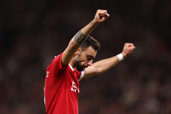MANCHESTER, ENGLAND - MAY 25: Bruno Fernandes of Manchester United celebrates their side's fourth goal scored by team mate Marcus Rashford (not pictured) during the Premier League match between Manchester United and Chelsea FC at Old Trafford on May 25, 2023 in Manchester, England. 