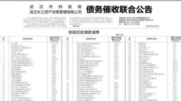 真缺錢了？ 武漢財政局登報 向259家單位催債