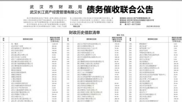真缺錢了？ 武漢財政局登報 向259家單位催債