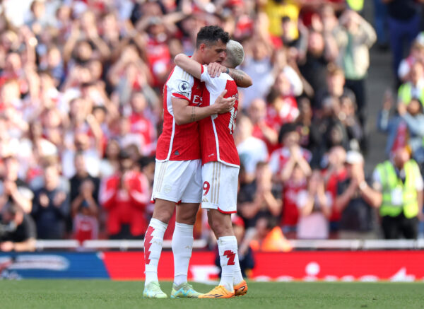 LONDON, ENGLAND - MAY 28: Granit Xhaka and Leandro Trossard of Arsenal interact after the Premier League match between Arsenal FC and Wolverhampton Wanderers at Emirates Stadium on May 28, 2023 in London, England. 