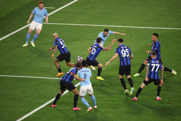 ISTANBUL, TURKEY - JUNE 10: Bernardo Silva of Manchester City shoots during the UEFA Champions League 2022/23 final match between FC Internazionale and Manchester City FC at Atatuerk Olympic Stadium on June 10, 2023 in Istanbul, Turkey. 