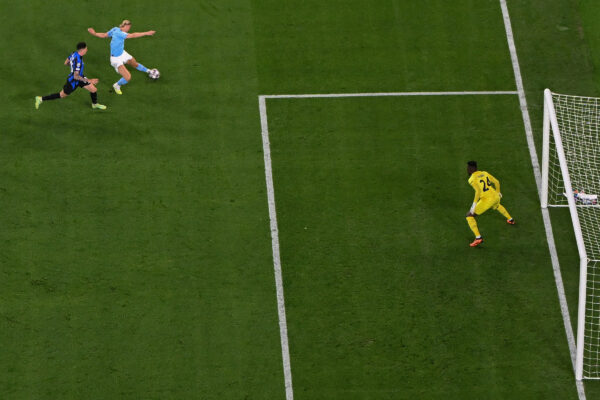 Manchester City's Norwegian striker #9 Erling Haaland (2L) shoots but fails to score during the UEFA Champions League final football match between Inter Milan and Manchester City at the Ataturk Olympic Stadium in Istanbul, on June 10, 2023. (Photo by Ozan KOSE / AFP) (Photo by OZAN KOSE/AFP via Getty Images)