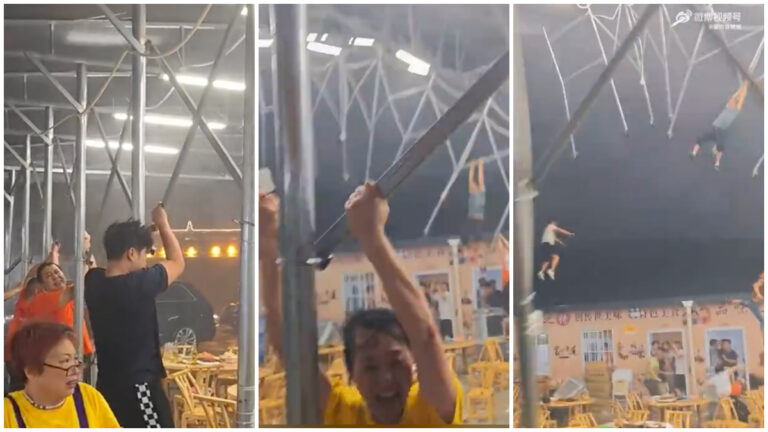 驚險！宜昌大排檔屋棚被風吹翻 多人被帶飛（視頻）