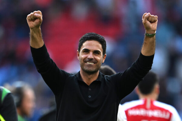 LONDON, ENGLAND - AUGUST 06: Mikel Arteta, Manager of Arsenal celebrates following the team's victory in the penalty shoot out during The FA Community Shield match between Manchester City against Arsenal at Wembley Stadium on August 06, 2023 in London, England. 