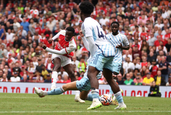LONDON, ENGLAND - AUGUST 12: Eddie Nketiah of Arsenal scores the team's first goal during the Premier League match between Arsenal FC and Nottingham Forest at Emirates Stadium on August 12, 2023 in London, England. 