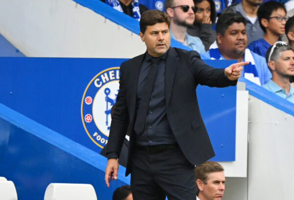 LONDON, ENGLAND - AUGUST 13: Mauricio Pochettino, Manager of Chelsea, gestures during the Premier League match between Chelsea FC and Liverpool FC at Stamford Bridge on August 13, 2023 in London, England. 