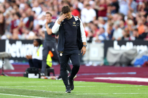 LONDON, ENGLAND - AUGUST 20: Mauricio Pochettino, Manager of Chelsea, reacts during the Premier League match between West Ham United and Chelsea FC at London Stadium on August 20, 2023 in London, England. 