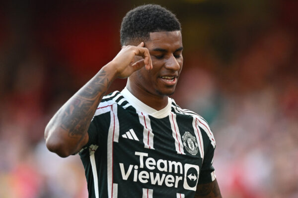 Manchester United's English striker #10 Marcus Rashford celebrates after scoring the opening goal of the English Premier League football match between Arsenal and Manchester United at the Emirates Stadium in London on September 3, 2023. (Photo by Glyn KIRK / AFP) / RESTRICTED TO EDITORIAL USE. No use with unauthorized audio, video, data, fixture lists, club/league logos or 'live' services. Online in-match use limited to 120 images. An additional 40 images may be used in extra time. No video emulation. Social media in-match use limited to 120 images. An additional 40 images may be used in extra time. No use in betting publications, games or single club/league/player publications. / 