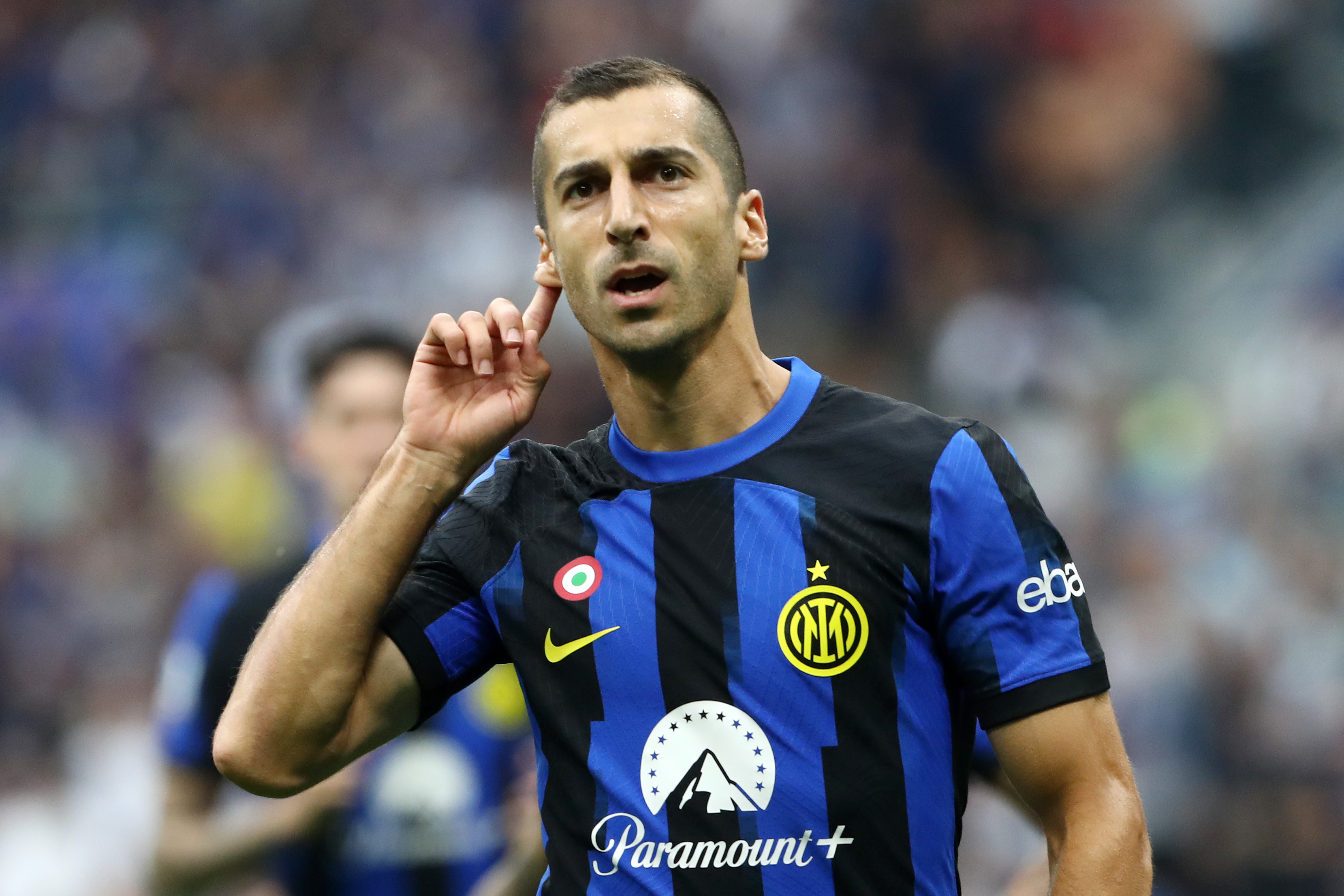 MILAN, ITALY - SEPTEMBER 16: Henrikh Mkhitaryan of Inter Milan celebrates after scoring their sides first goal during the Serie A TIM match between FC Internazionale and AC Milan at Stadio Giuseppe Meazza on September 16, 2023 in Milan, Italy. 