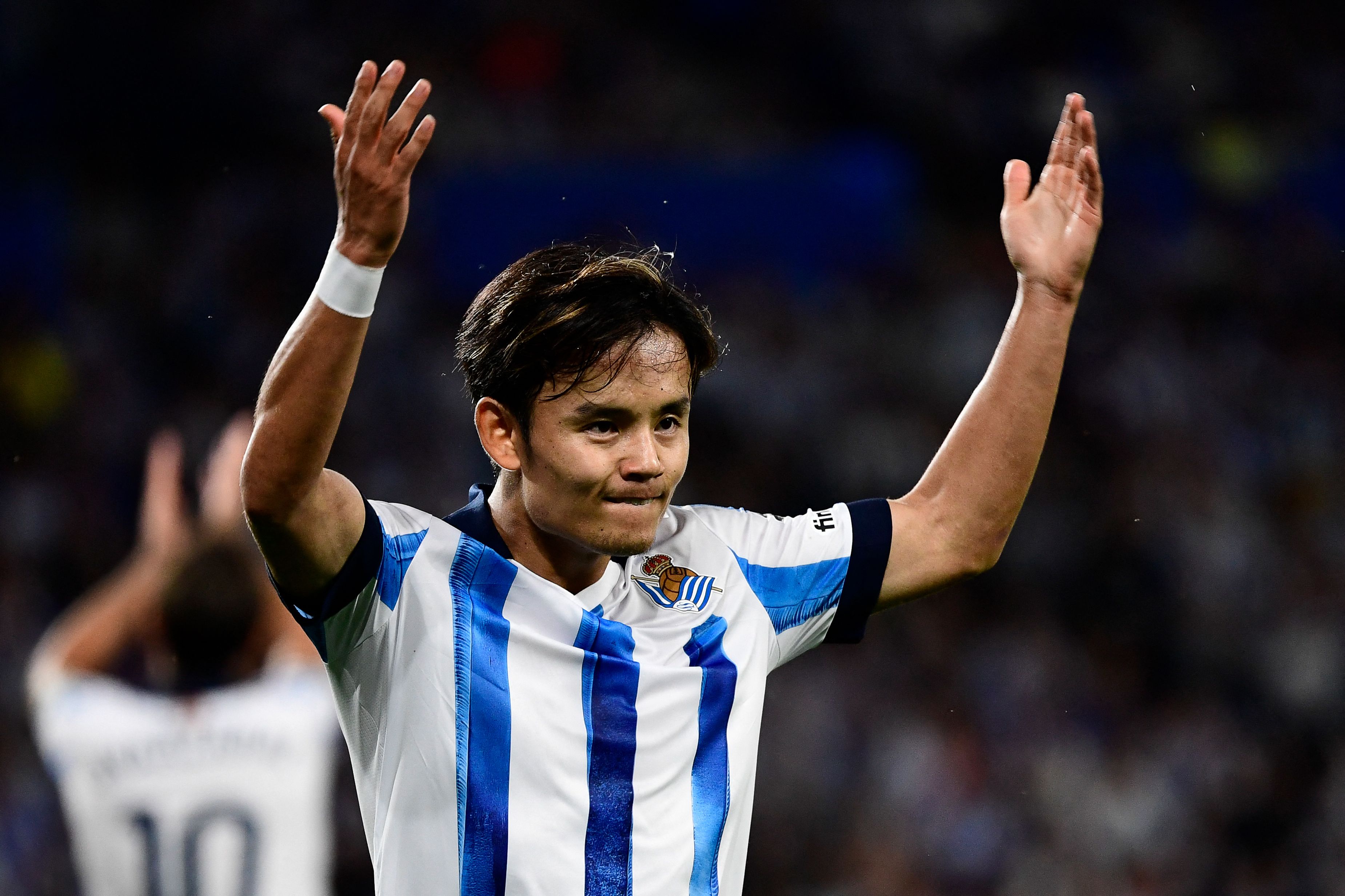 Real Sociedad's Japanese forward #14 Takefusa Kubo reacts during the UEFA Champions League 1st round day 1 group D football match between Real Sociedad and Inter Milan at the Reale Arena stadium in San Sebastian on September 20, 2023. (Photo by ANDER GILLENEA / AFP) 
