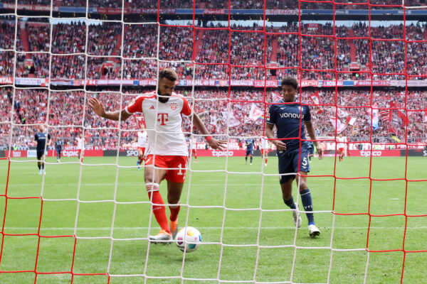MUNICH, GERMANY - SEPTEMBER 23: Eric Maxim Choupo-Moting of Bayern Munich scores the team's first goal during the Bundesliga match between FC Bayern M眉nchen and VfL Bochum 1848 at Allianz Arena on September 23, 2023 in Munich, Germany. 