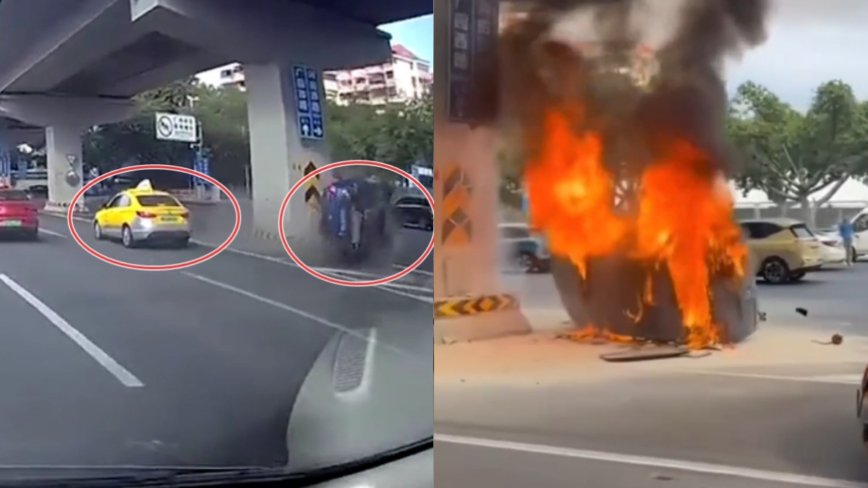 廣州寶馬車與出租車相撞起火 現場畫面曝光