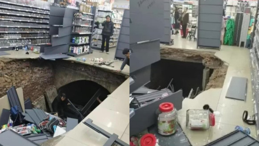 夸张 河南一超市开业次日突然塌陷 有人掉进大坑