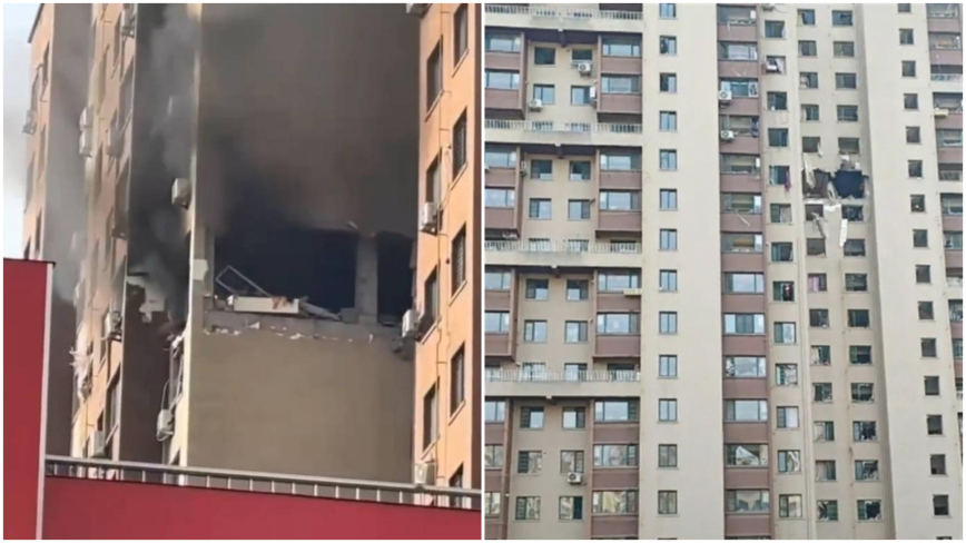 辽宁丹东大厦爆炸外墙炸穿 周边窗户震碎（视频）