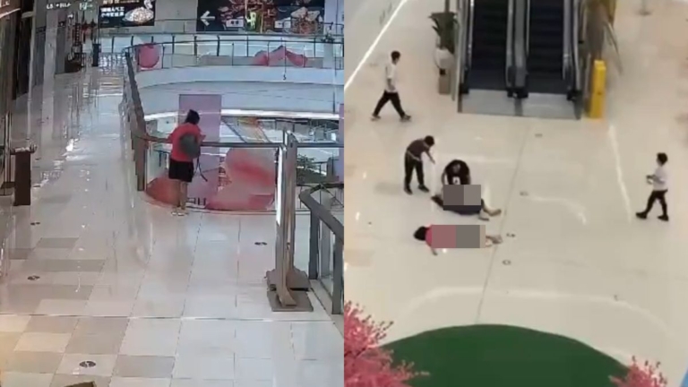 廣東一紅衣女子商場跳樓砸中路人 監控畫面曝光