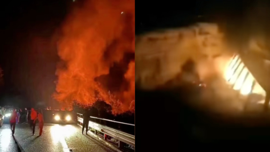 五一假期广东高速路塌方 18辆车坠落爆炸起火（视频）