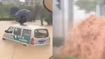 【短訊】廣西南寧暴雨 下水道井噴 洪水倒灌
