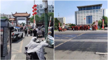 河南工人堵路 一排收割机堵住县政府大门 （视频）