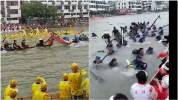 瑞安龍舟賽 兩龍舟正面相碰數十人落水（視頻）