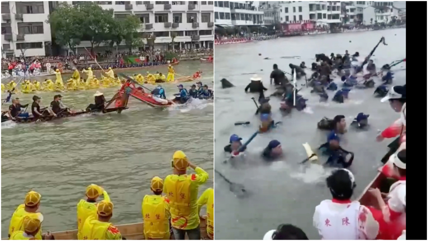 瑞安龙舟赛 两龙舟正面相撞数十人落水（视频）