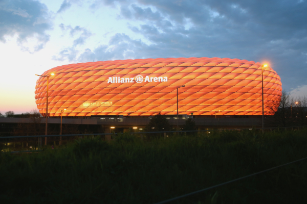 MUNICH, GERMANY - APRIL 11: General view of the Allianz Arena as illuminated in Orange color during Illumination Tests on April 11, 2016 in Munich, Germany. 