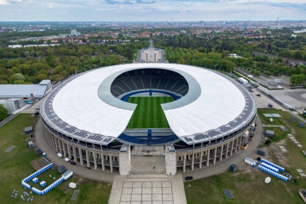 This aerial view taken on April 15, 2024 shows the Olympic Stadium in Berlin, Germany. The UEFA EURO 2024 European Football Championship will take place from June 14 to July 14 in ten stadiums around Germany including Berlin's Olympic Stadium. (Photo by Odd ANDERSEN / AFP) 