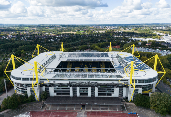 DORTMUND, GERMANY - SEPTEMBER 25: (EDITORS NOTE: This photograph was taken using a drone.) An aerial view of the Signal Iduna Park on September 25, 2022 in Dortmund, Germany. The then so called BVB Stadion Dortmund is one of the venues of the UEFA EURO 2024. 