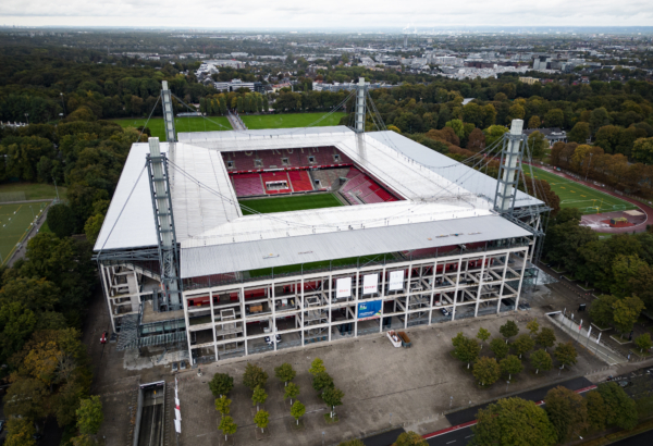 COLOGNE, GERMANY - SEPTEMBER 27: (EDITORS NOTE: This photograph was taken using a drone.) An aerial view of the RheinEnergieStadion on September 27, 2022 in Cologne, Germany. The stadium is the home of the Bundesliga club 1. FC Köln and one of the stadiums with which the German Football Association DFB is bidding for the Women's World Cup 2027. 