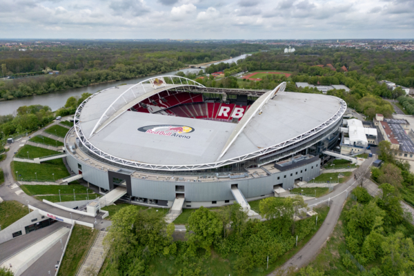 This aerial view shows the Red Bull Arena football stadium in Leipzig, on April 15, 2024. The UEFA EURO 2024 will take place from June 14 to July 14 in ten stadiums in Germany including the Red Bull Arena in Leipzig. (Photo by Odd ANDERSEN / AFP) 