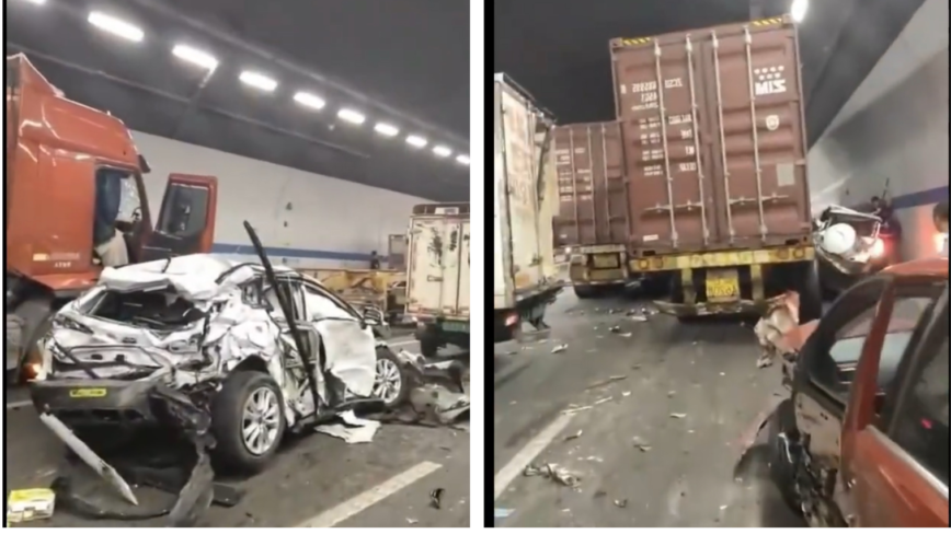 厦门海沧隧道严重车祸 多车被撞毁、挤烂（视频）