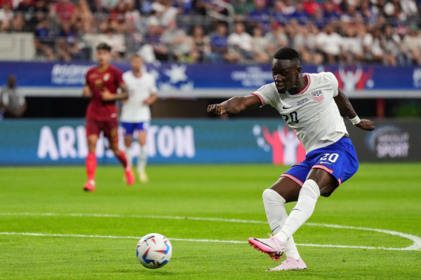 ARLINGTON, TEXAS - JUNE 23: Folarin Balogun of United States scores the team's second goal during the CONMEBOL Copa America 2024 Group C match between United States and Bolivia at AT&T Stadium on June 23, 2024 in Arlington, Texas. 