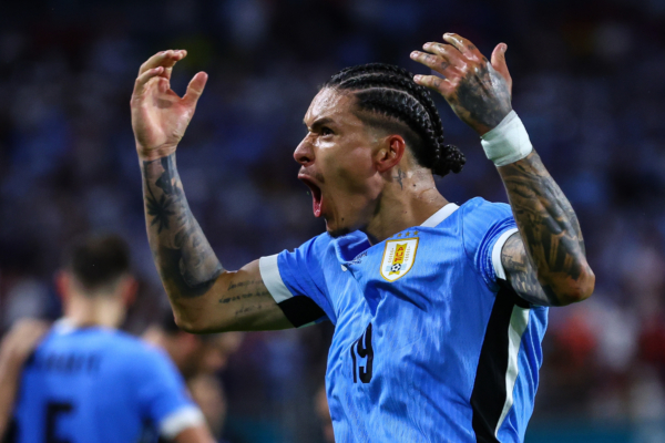 MIAMI GARDENS, FLORIDA - JUNE 23: Darwin Nuñez of Uruguay celebrates after scoring the team's second goal during the CONMEBOL Copa America 2024 Group C match between Uruguay and Panama at Hard Rock Stadium on June 23, 2024 in Miami Gardens, Florida. 