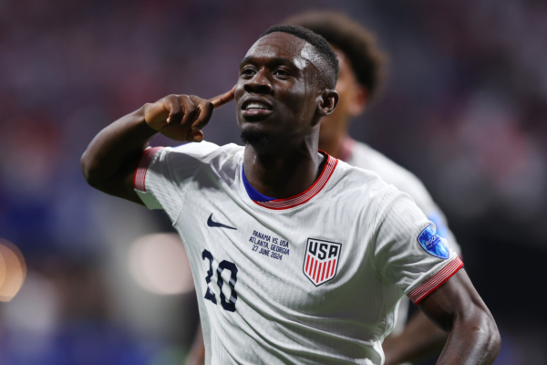 ATLANTA, GEORGIA - JUNE 27: Folarin Balogun of United States celebrates after scoring the team's first goal during the CONMEBOL Copa America USA 2024 Group C match between Panama and United States at Mercedes-Benz Stadium on June 27, 2024 in Atlanta, Georgia. 