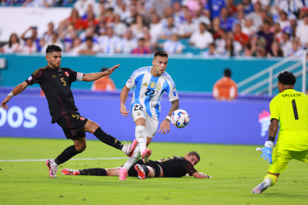 MIAMI GARDENS, FLORIDA - JUNE 29: Lautaro Martinez of Argentina scores the team's second goal during the CONMEBOL Copa America 2024 Group A match between Argentina and Peru at Hard Rock Stadium on June 29, 2024 in Miami Gardens, Florida. 