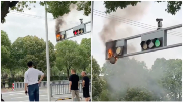 天太热还是质量差？苏州红绿灯也着火了（视频）