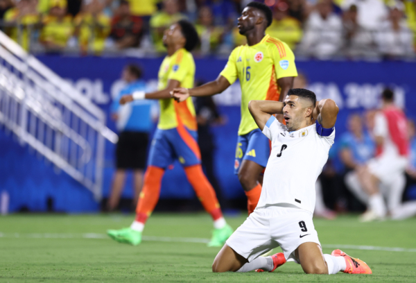 CHARLOTTE, NORTH CAROLINA - JULY 10: Luis Suarez of Uruguay reacts after a missing chance of goal during the CONMEBOL Copa America 2024 semifinal match between Uruguay and Colombia at Bank of America Stadium on July 10, 2024 in Charlotte, North Carolina. 