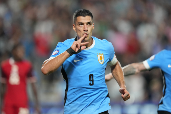 CHARLOTTE, NORTH CAROLINA - JULY 13: Luis Suarez of Uruguay celebrates after scoring the team's second goal during the CONMEBOL Copa America 2024 third place match between Uruguay and Canada at Bank of America Stadium on July 13, 2024 in Charlotte, North Carolina. 