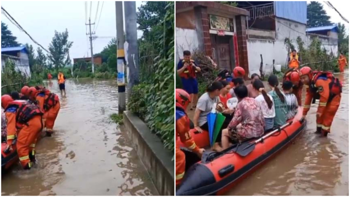 中共摆拍：积水只没过脚面 救援艇拖地走（视频）