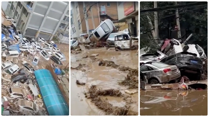 陝西暴雨導致山洪 志丹市汽車堆積 民眾受困