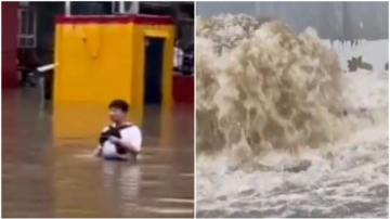 北京大暴雨水深过腰 莲花桥下水道成喷泉（视频）