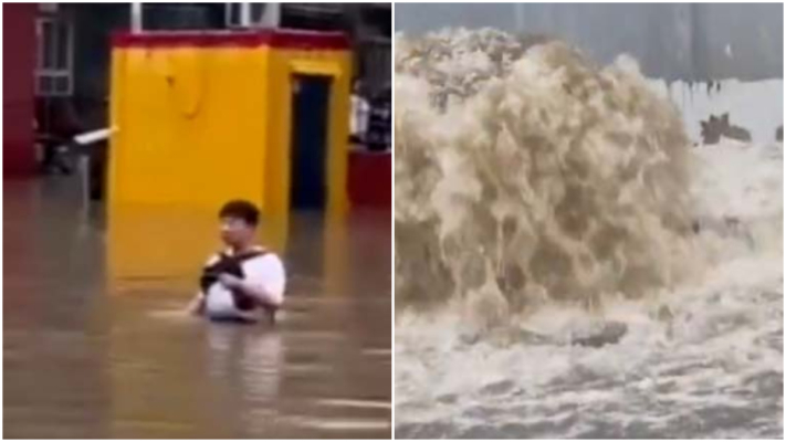 北京大暴雨水深过腰 莲花桥下水道成喷泉（视频）