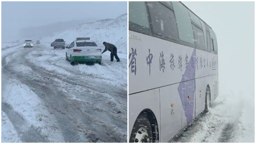 呼伦贝尔突降暴雪百余车被困 旅游大巴被困22小时（视频）